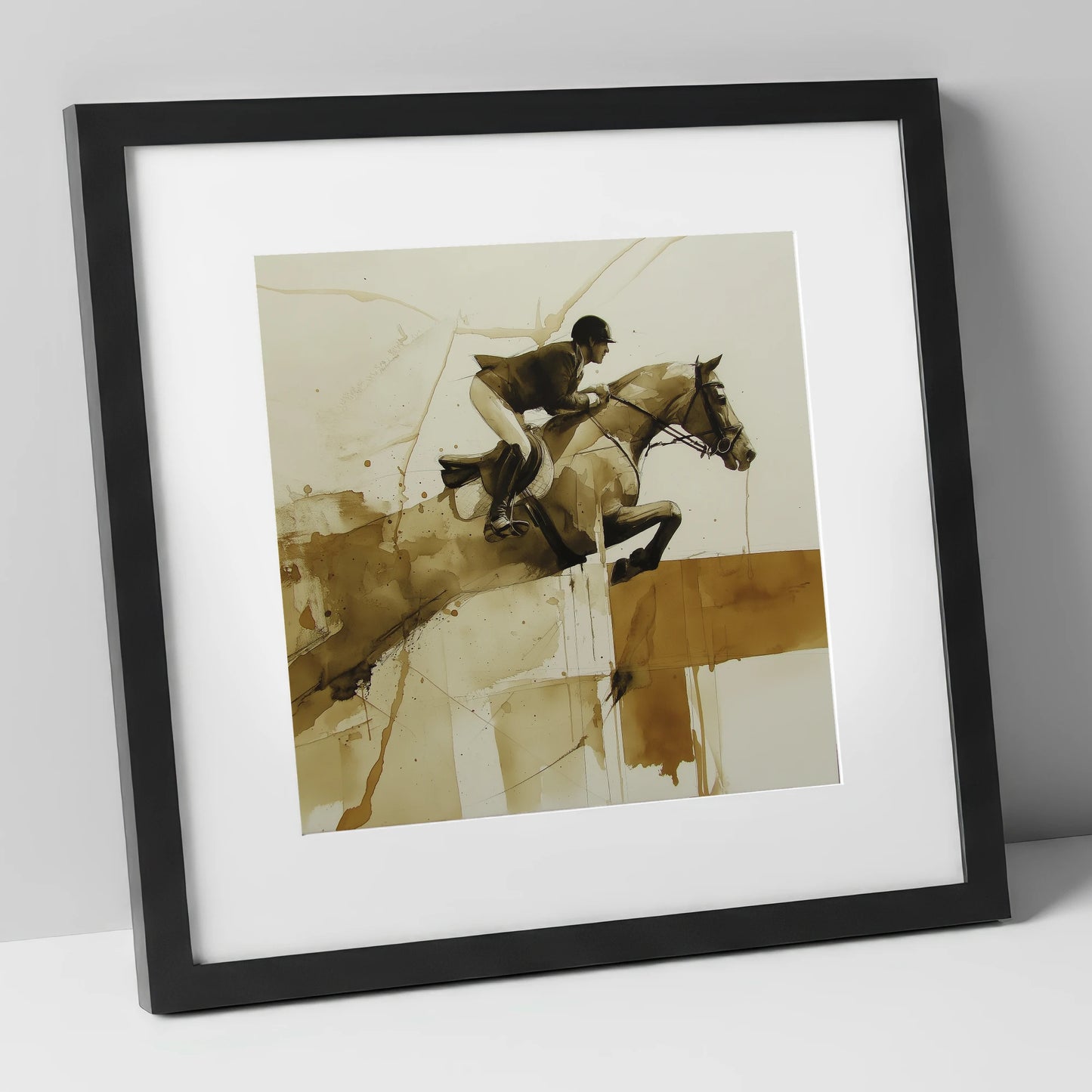 Fluidity in Flight show jumping horse art print in black frame