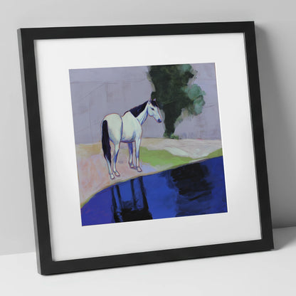 Indigo Reflections horse landscape art print in black frame