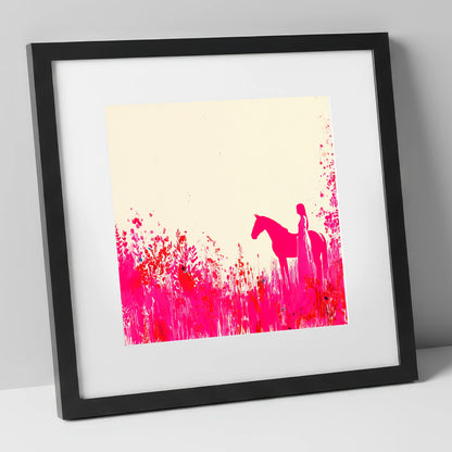 Vibrant Magenta Silhouette horse & rider art print in black frame