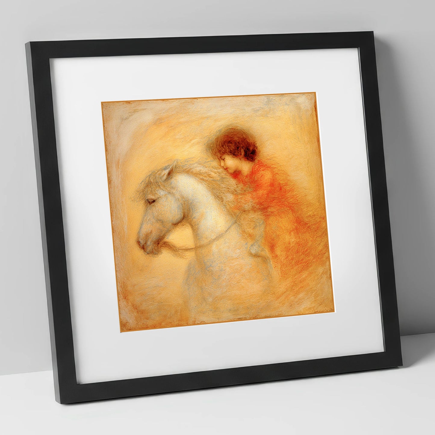 Golden Embrace horse & rider art print in black frame