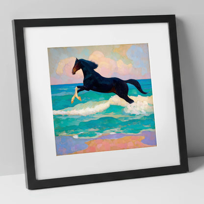 Cresting the Tide beach horse art print in black frame
