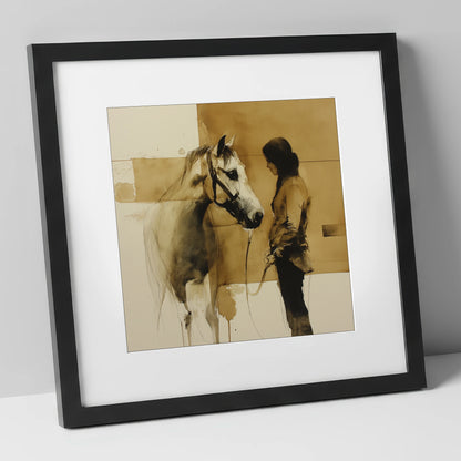Silent Dialogue horse & rider art print in black frame