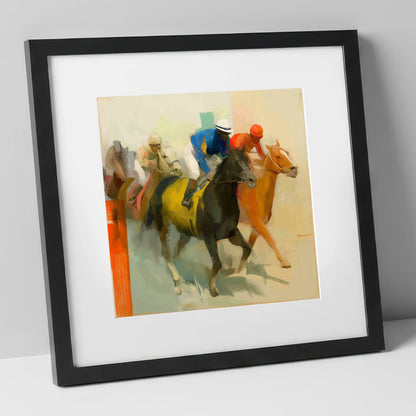 Colours of the Turf racing horse art print in black frame