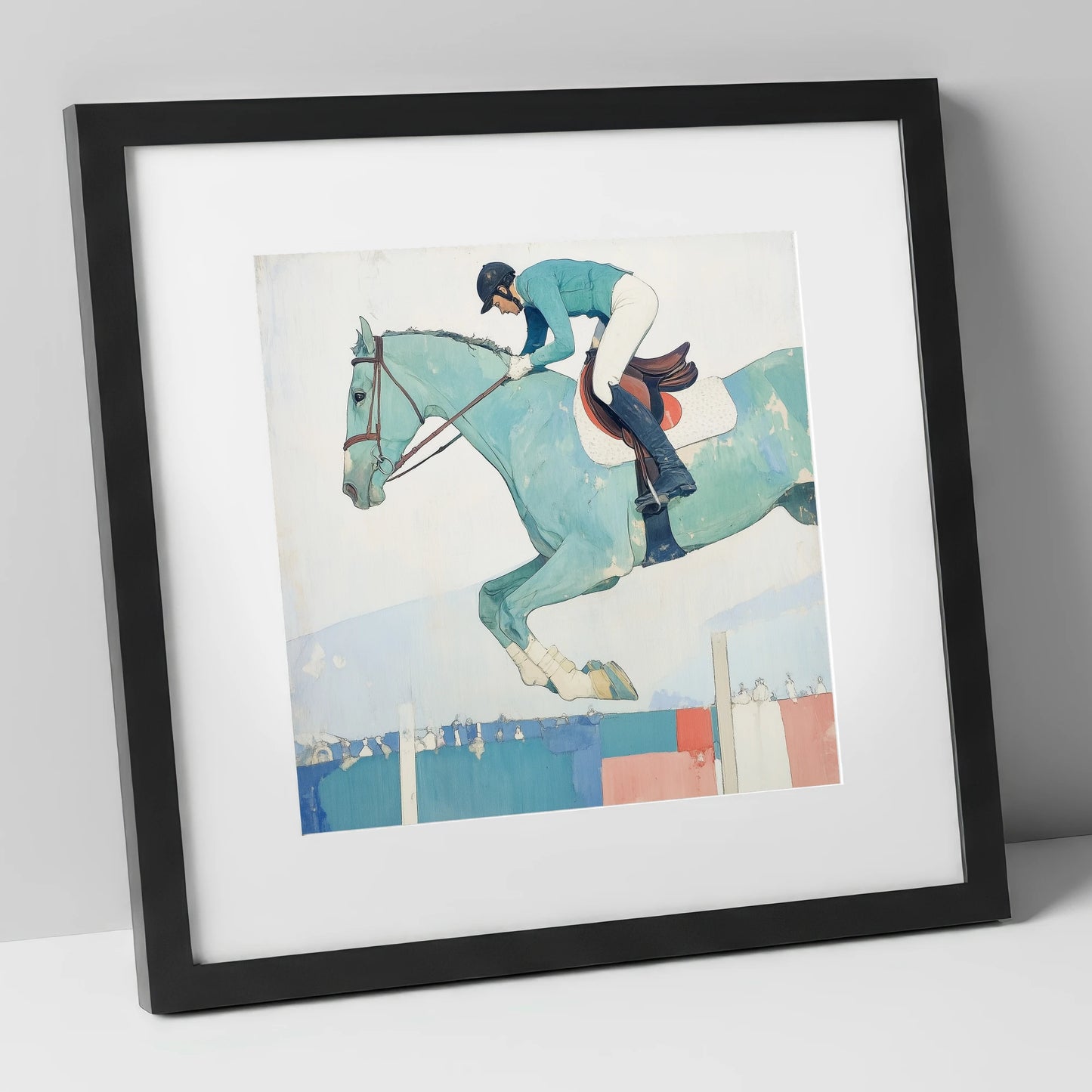 Aquamarine Ascent show jumping horse art print in black frame