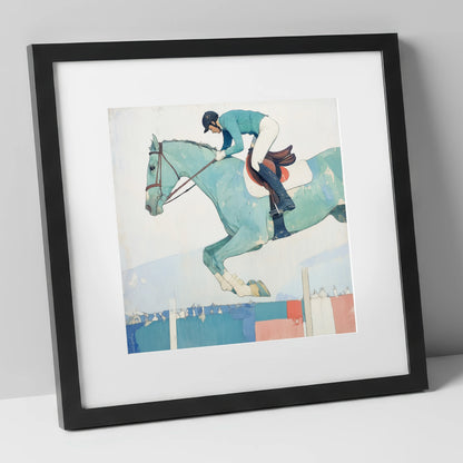 Aquamarine Ascent show jumping horse art print in black frame