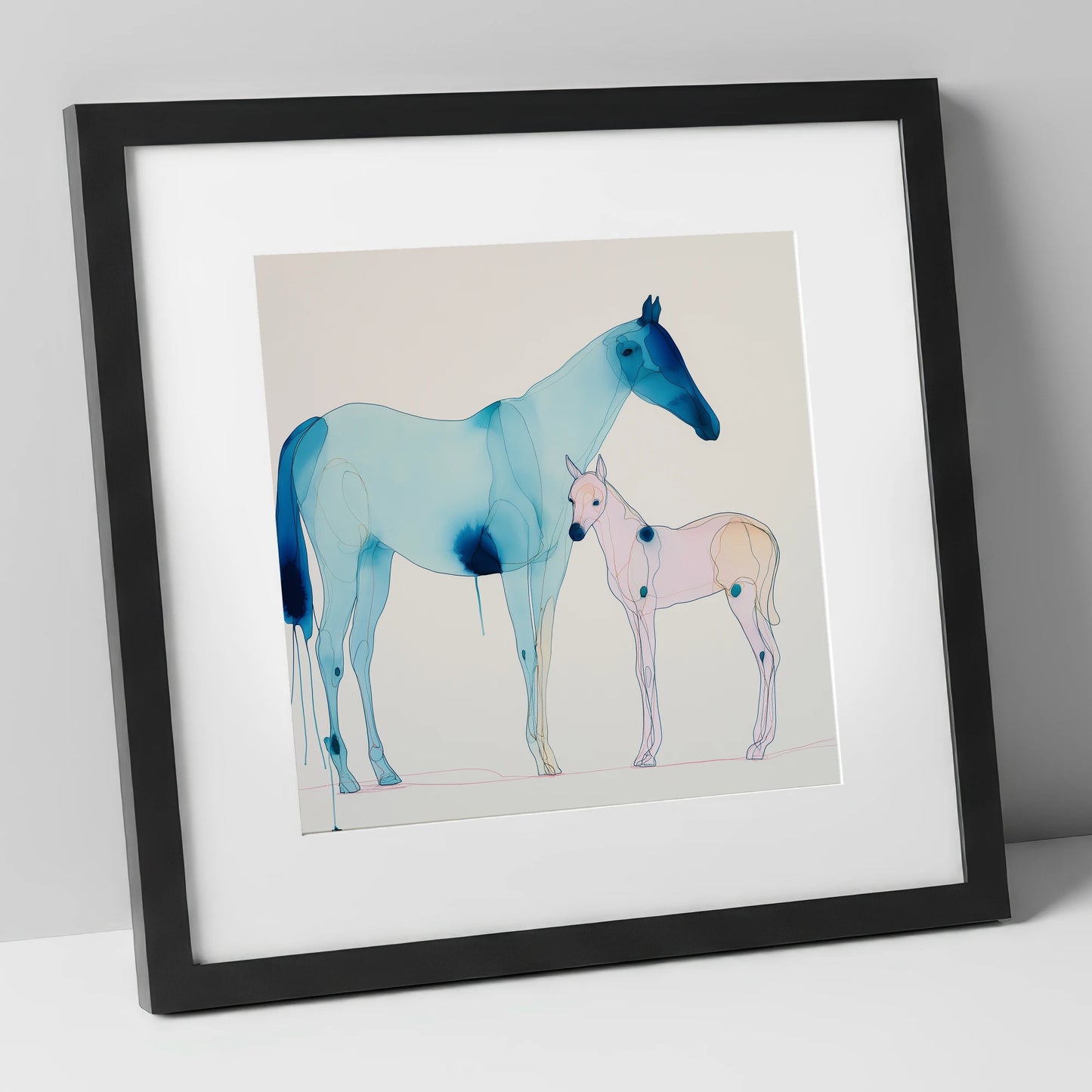 Cerulean Bond mare & foal art print in black frame