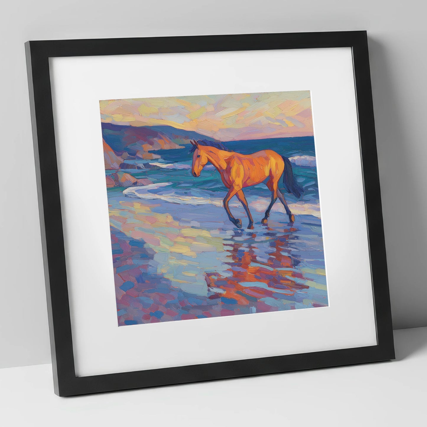 Vibrant Coastal Stride horse landscape art print in black frame