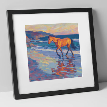 Vibrant Coastal Stride horse landscape art print in black frame