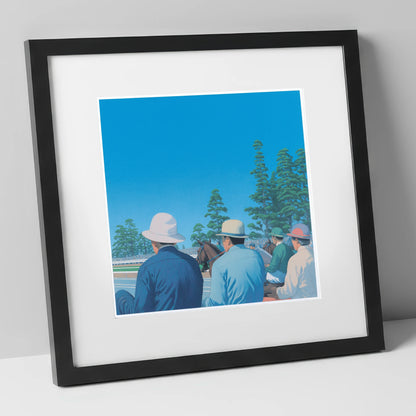 Trackside Anticipation racing horse art print in black frame