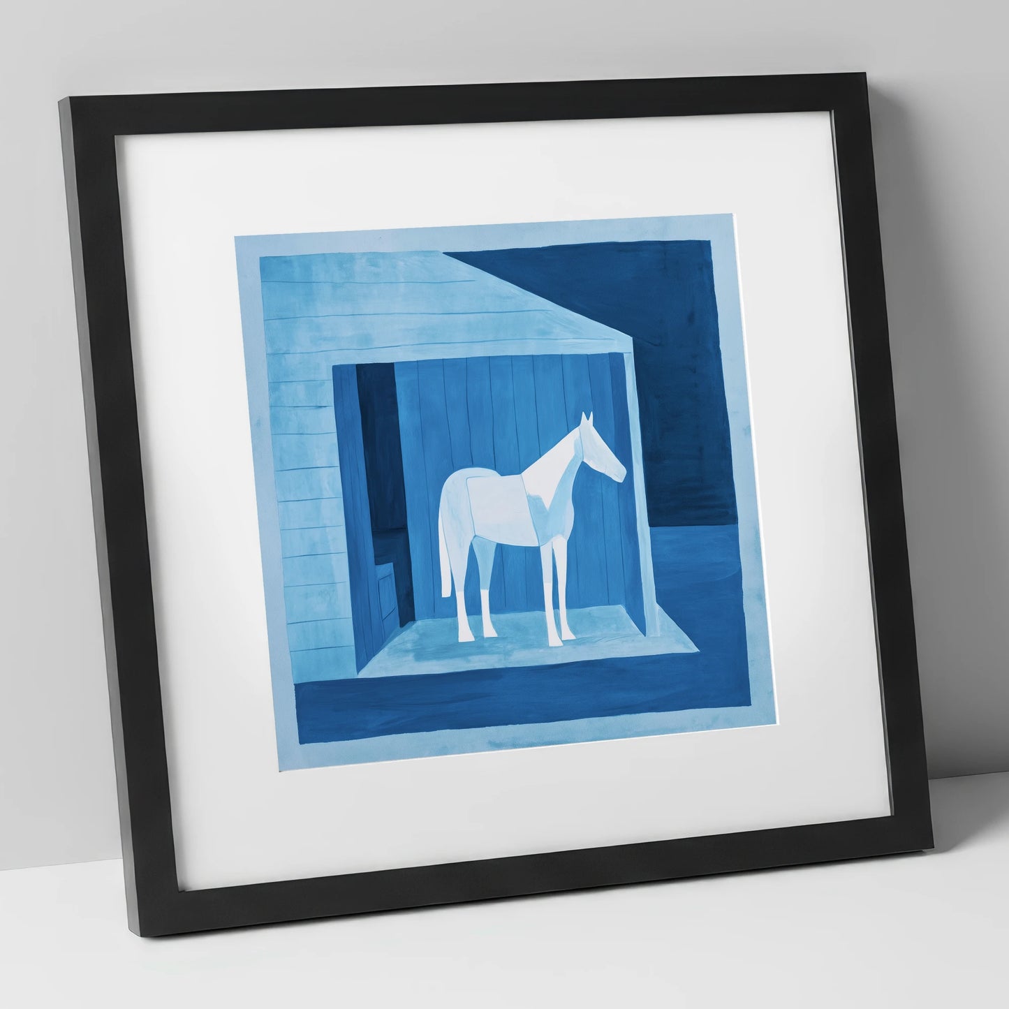 Azure Shelter horse stable art print in black frame