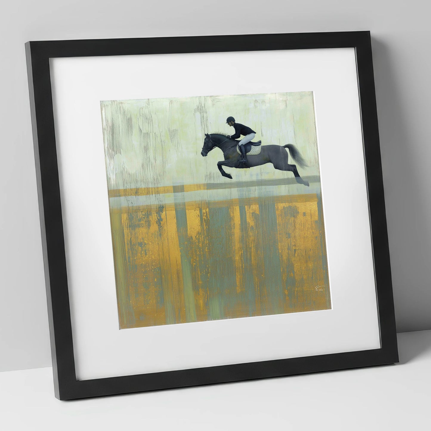 Flight Over Gold show jumping horse art print in black frame
