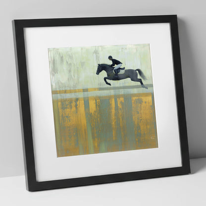 Flight Over Gold show jumping horse art print in black frame