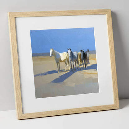 Sunlit High Plains wild horses art print in natural frame