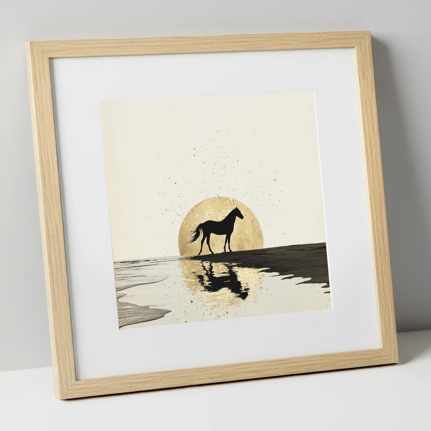 Gilded Shoreline Solitude horse landscape art print in natural frame