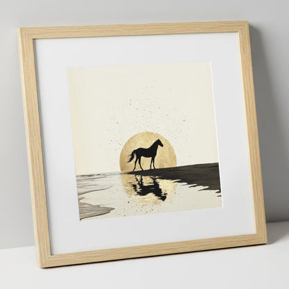 Gilded Shoreline Solitude horse landscape art print in natural frame