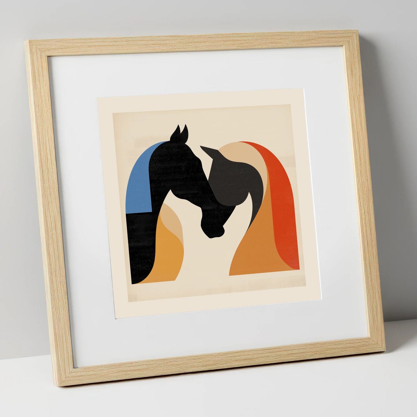 Abstract Equine Embrace horse portrait art print in natural frame