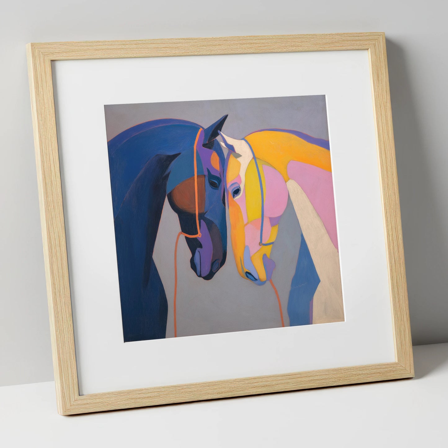 Vibrant Equine Bond horse portrait art print in natural frame