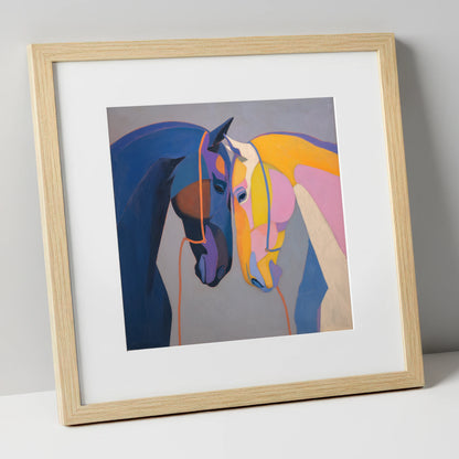 Vibrant Equine Bond horse portrait art print in natural frame