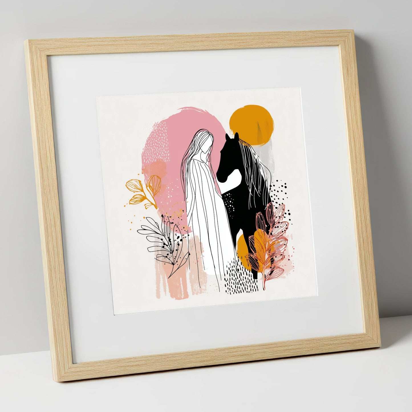 Abstract Equine Harmony horse & rider art print in natural frame