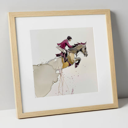 Burgundy Flight show jumping horse art print in natural frame