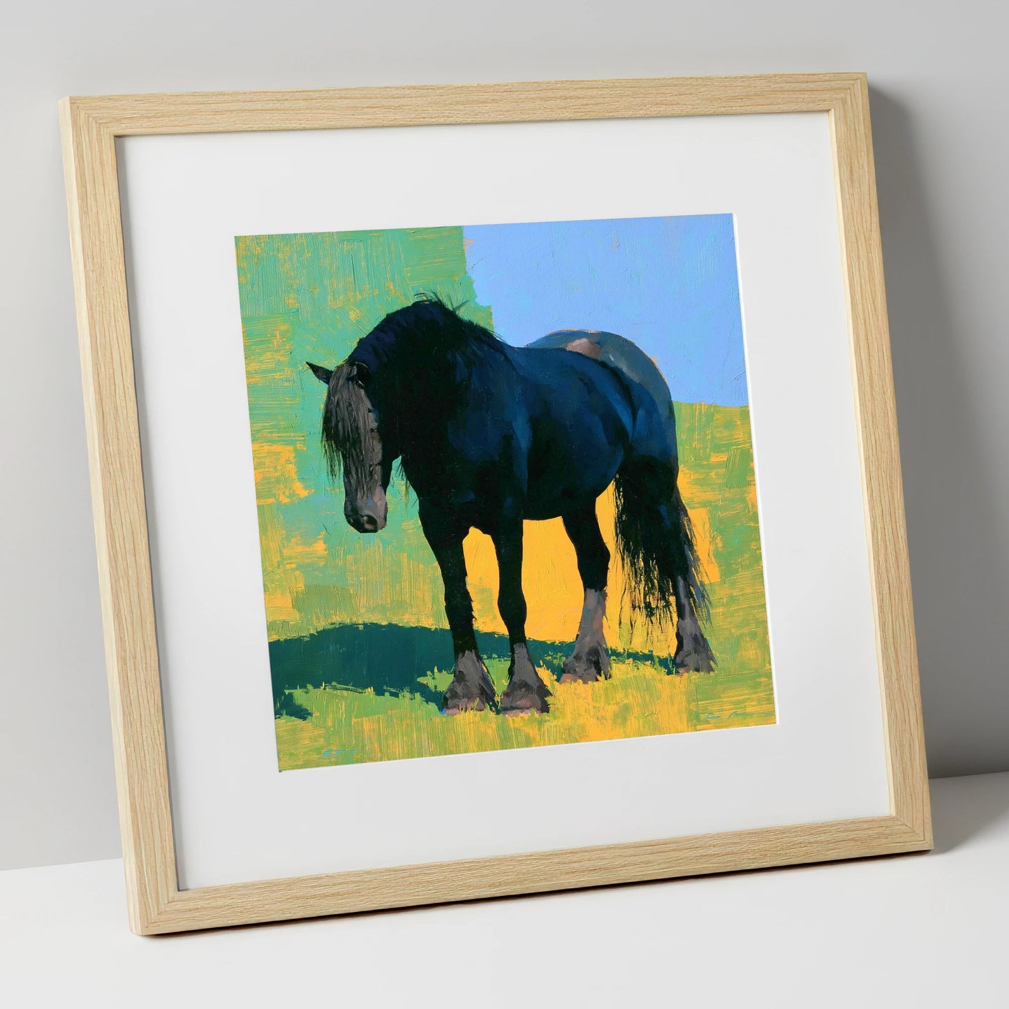 Black Horse Against Vibrant Yellow horse breed art print in natural frame