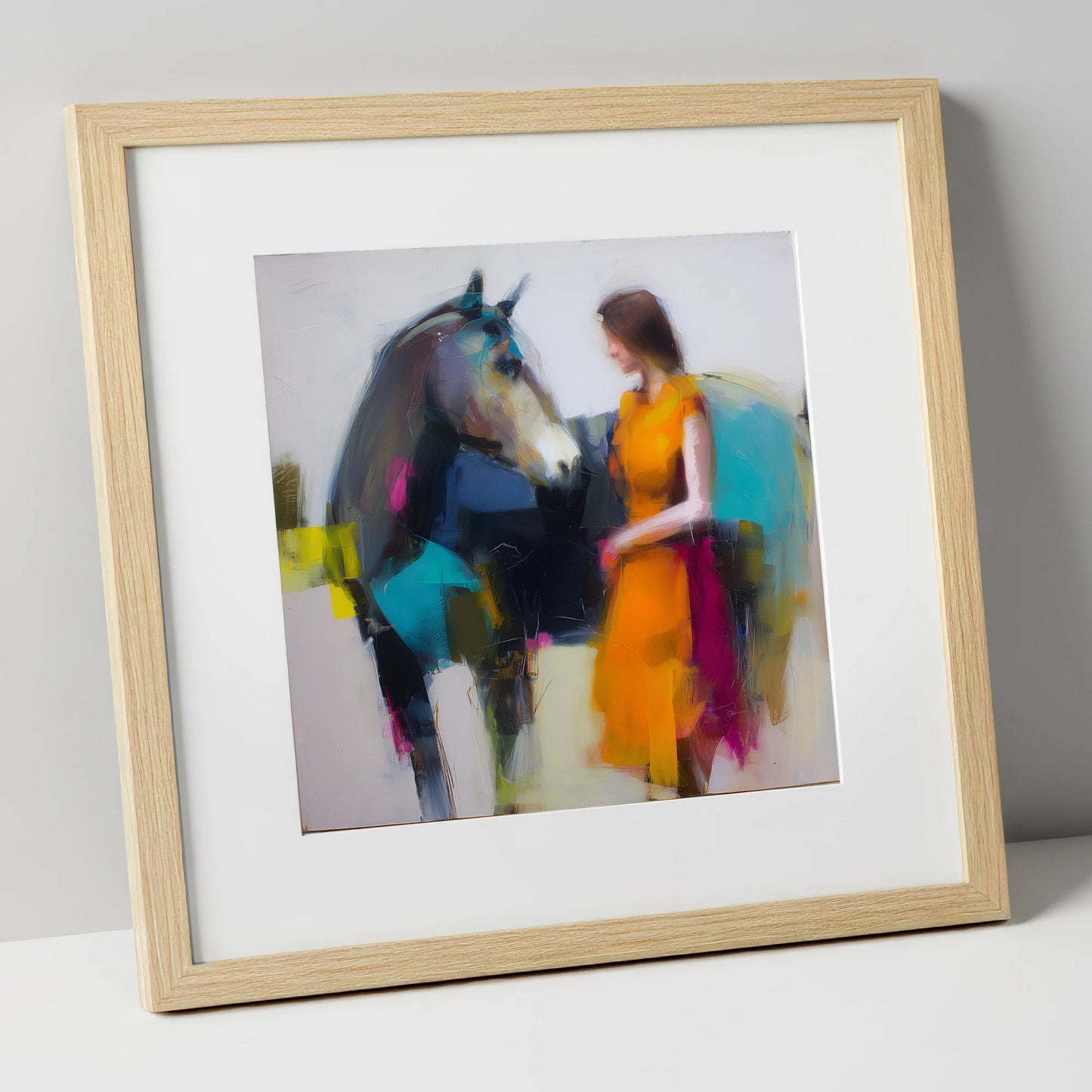 Vivid Companionship horse & rider art print in natural frame