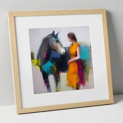 Vivid Companionship horse & rider art print in natural frame
