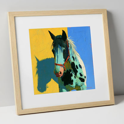 Spotted Horse with Teal Shadow horse breed art print in natural frame