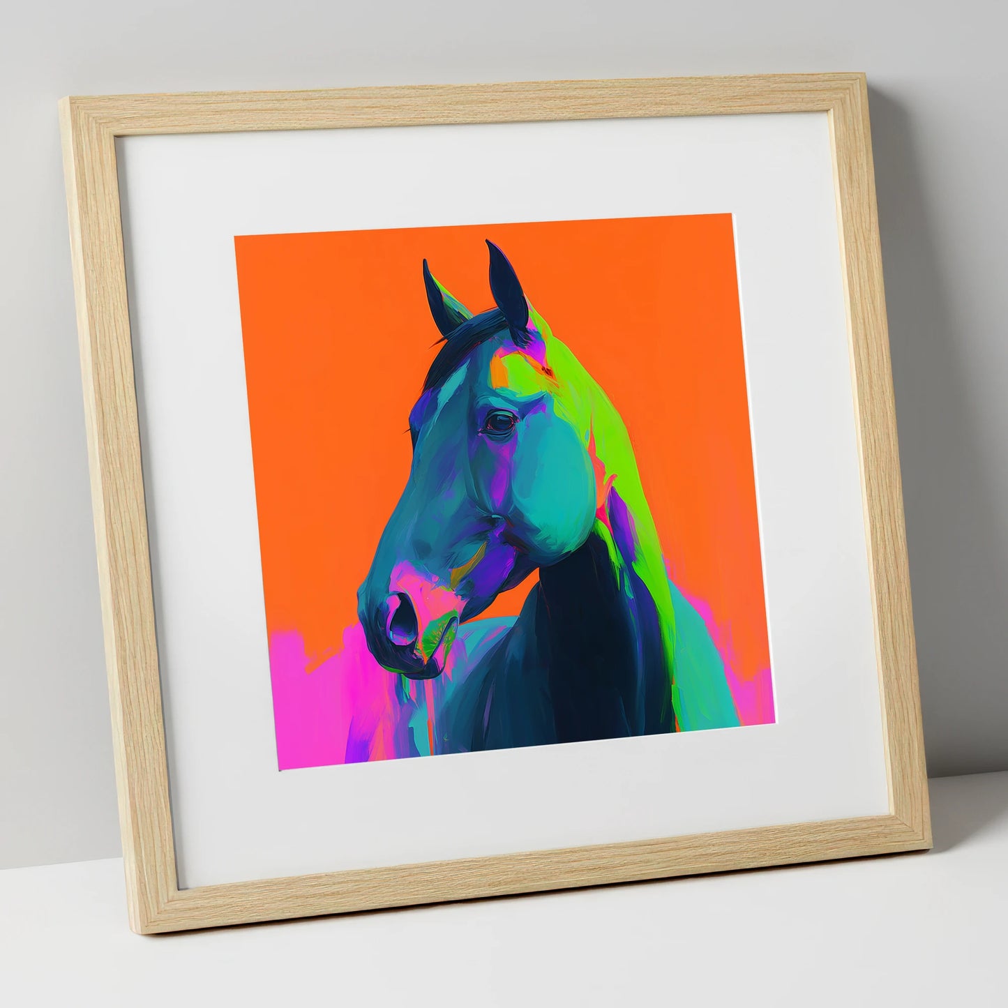 Electric Equine Spirit horse portrait art print in natural frame