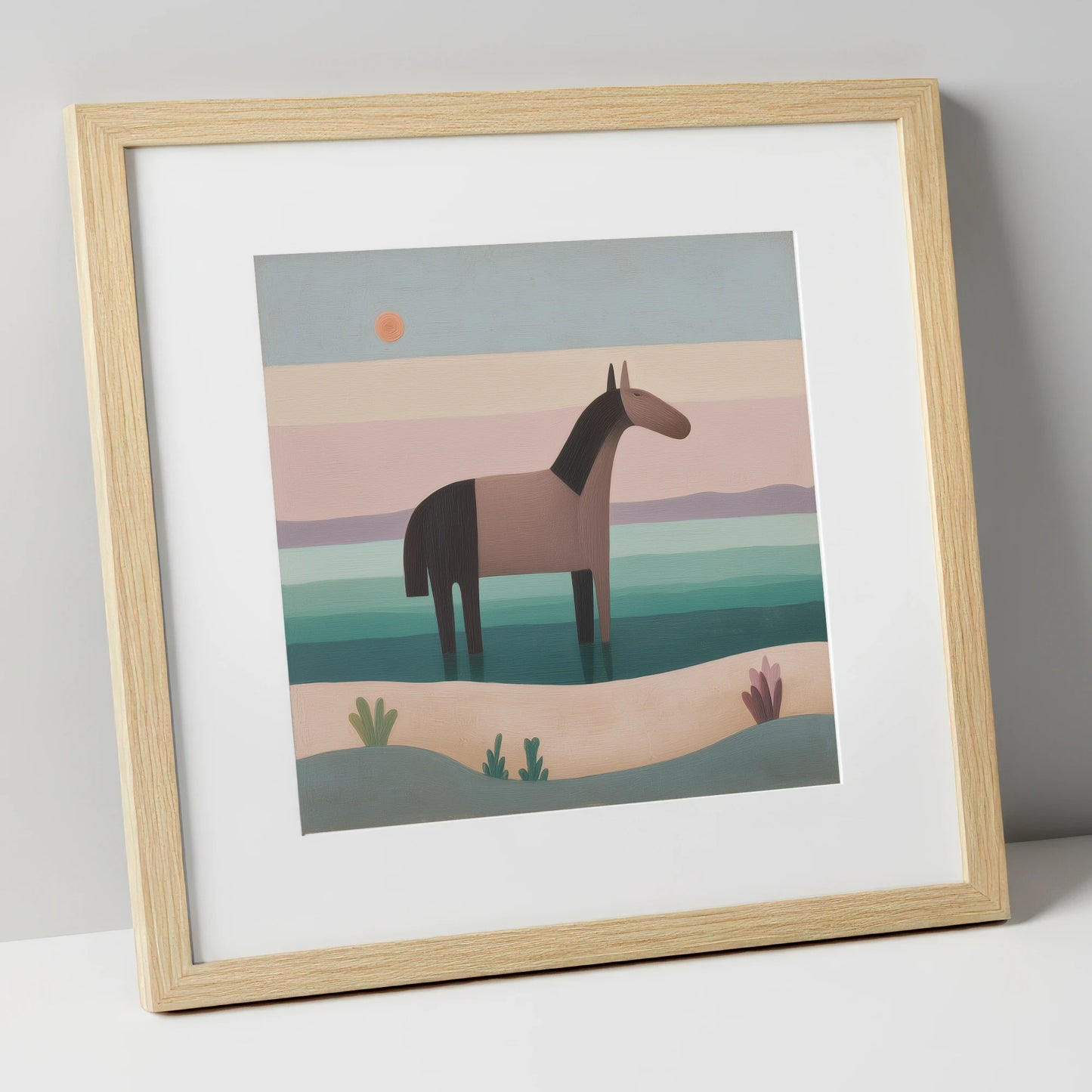 Stillness in the Shallows beach horse art print in natural frame