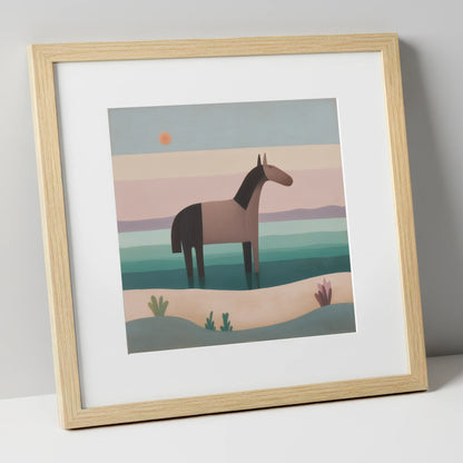 Stillness in the Shallows beach horse art print in natural frame