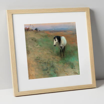 Dusk on the Headland horse landscape art print in natural frame