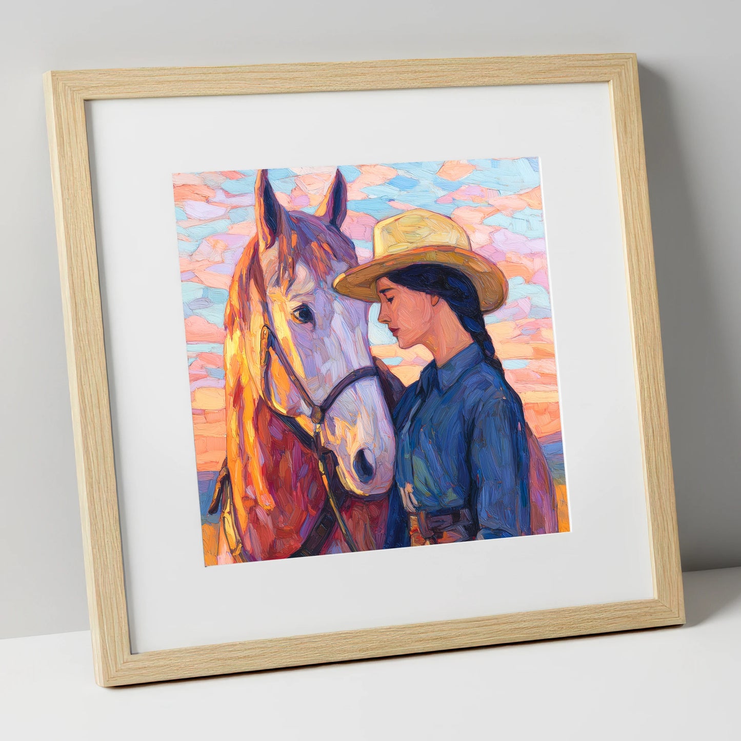 The Sundown Bond horse & rider art print in natural frame