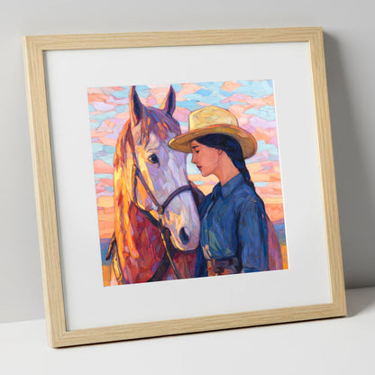The Sundown Bond horse & rider art print in natural frame