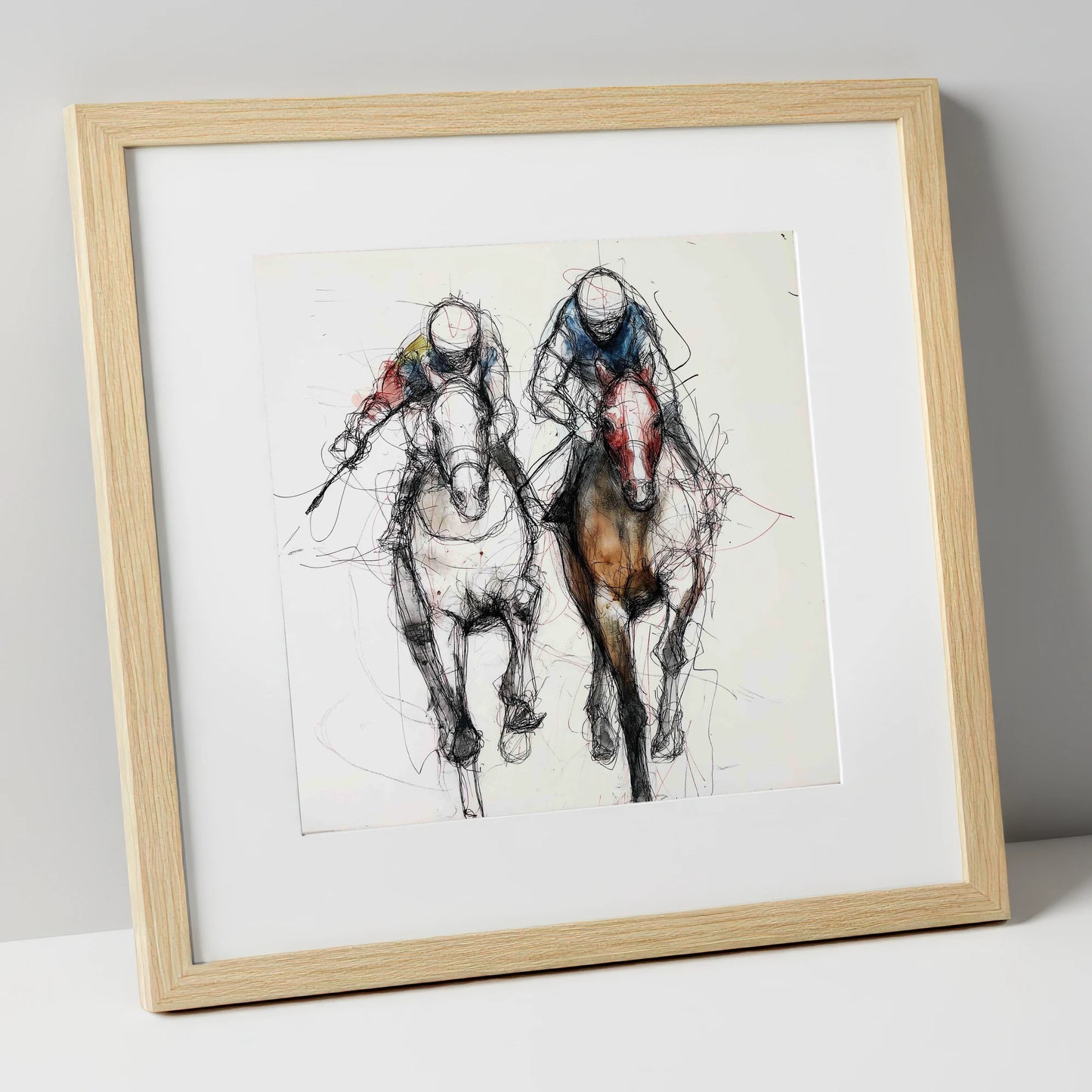 Neck and Neck racing horse art print in natural frame