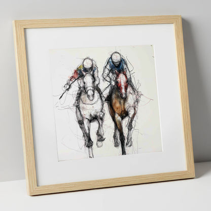 Neck and Neck racing horse art print in natural frame