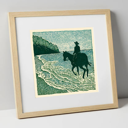 Edge of the Tide beach horse art print in natural frame
