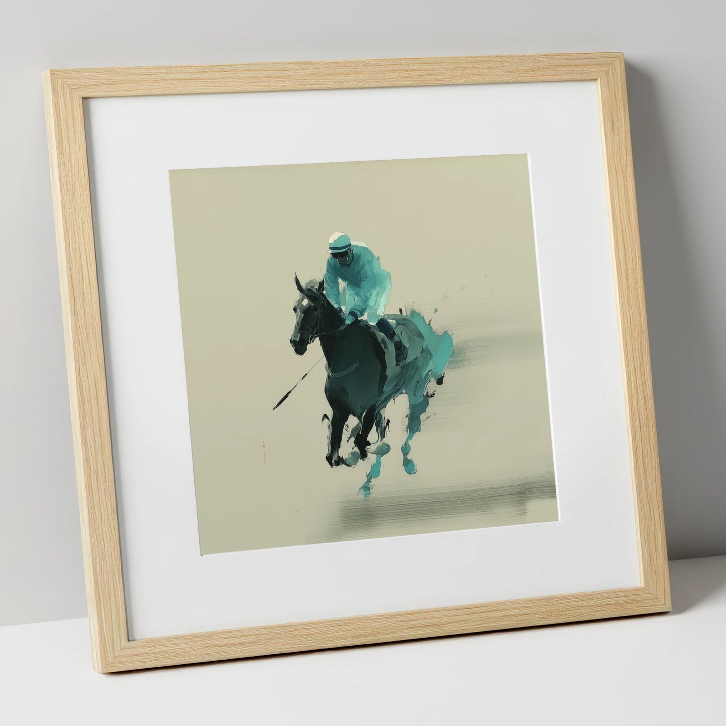 Teal Velocity racing horse art print in natural frame