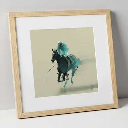 Teal Velocity racing horse art print in natural frame