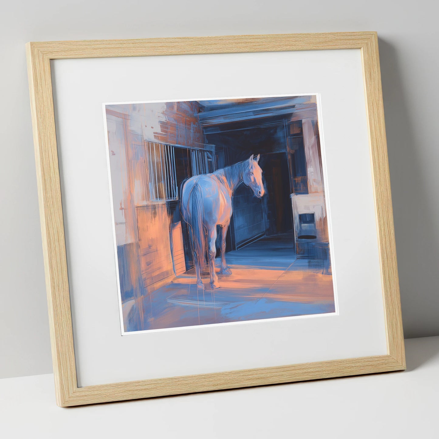 Quiet Light in the Yard horse stable art print in natural frame