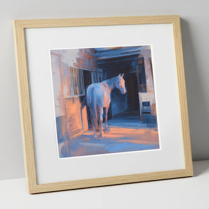 Quiet Light in the Yard horse stable art print in natural frame