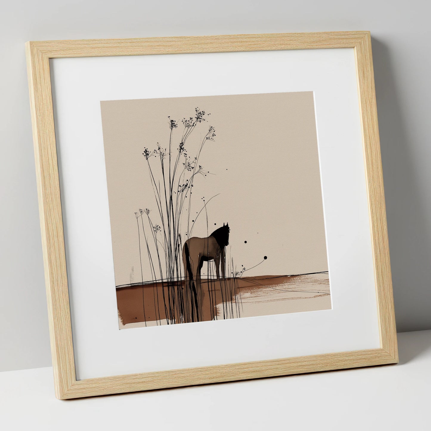 Whispers in the Reeds horse landscape art print in natural frame