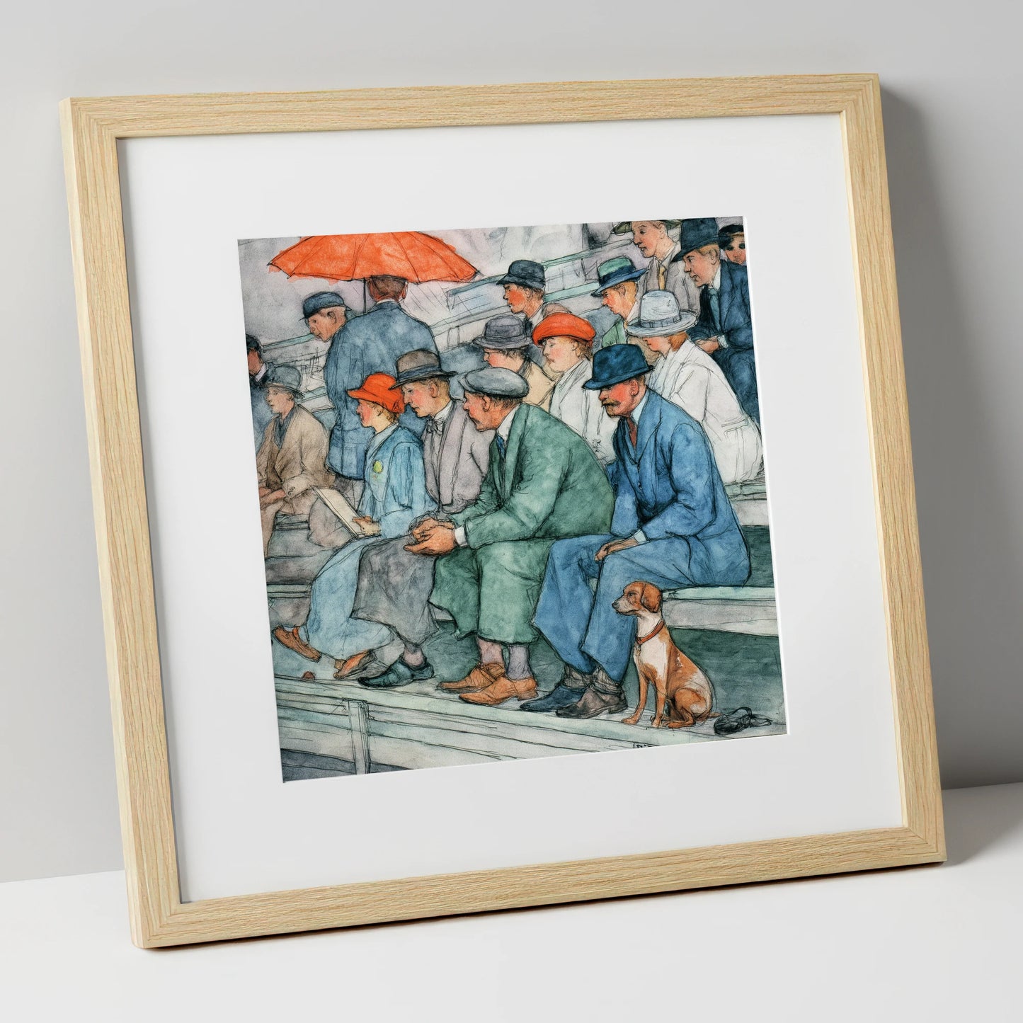 The Grandstand Crowd racing horse art print in natural frame