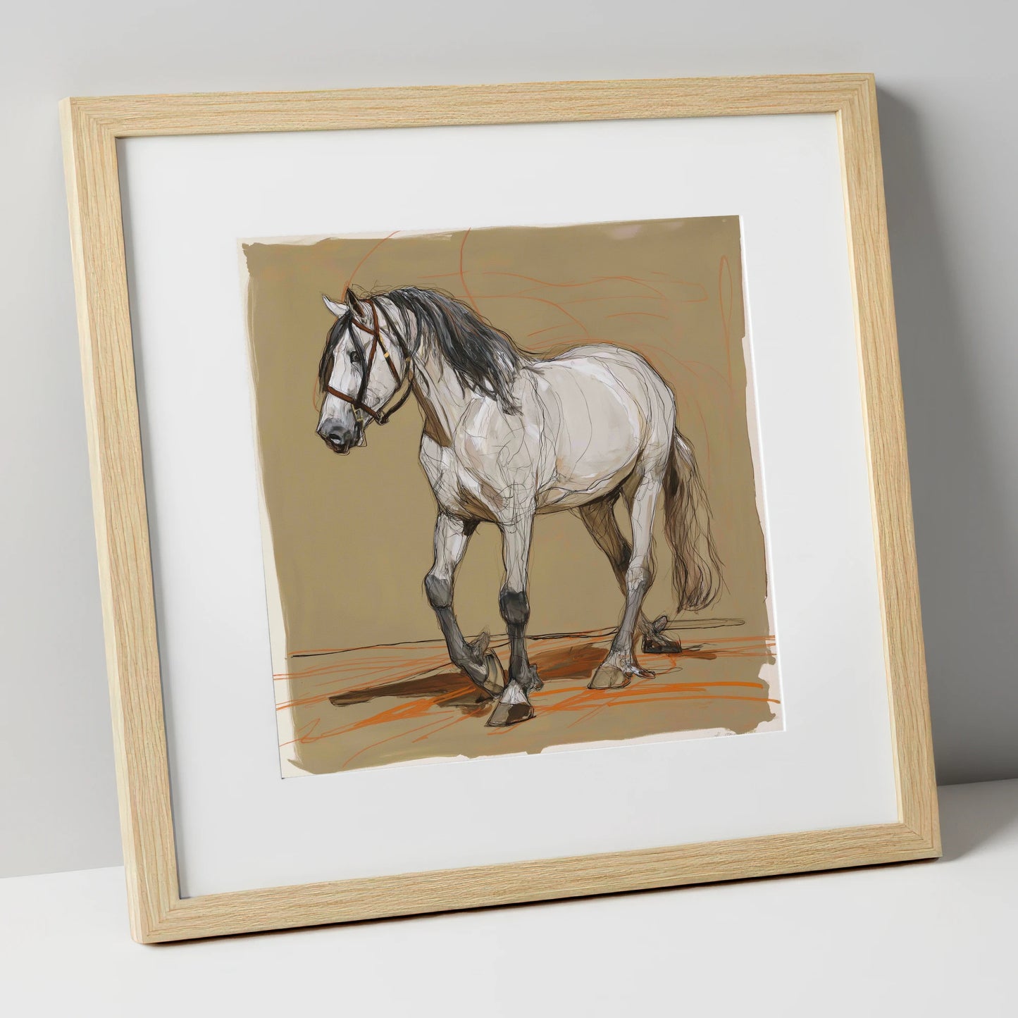 Spirited Grey Study horse breed art print in natural frame