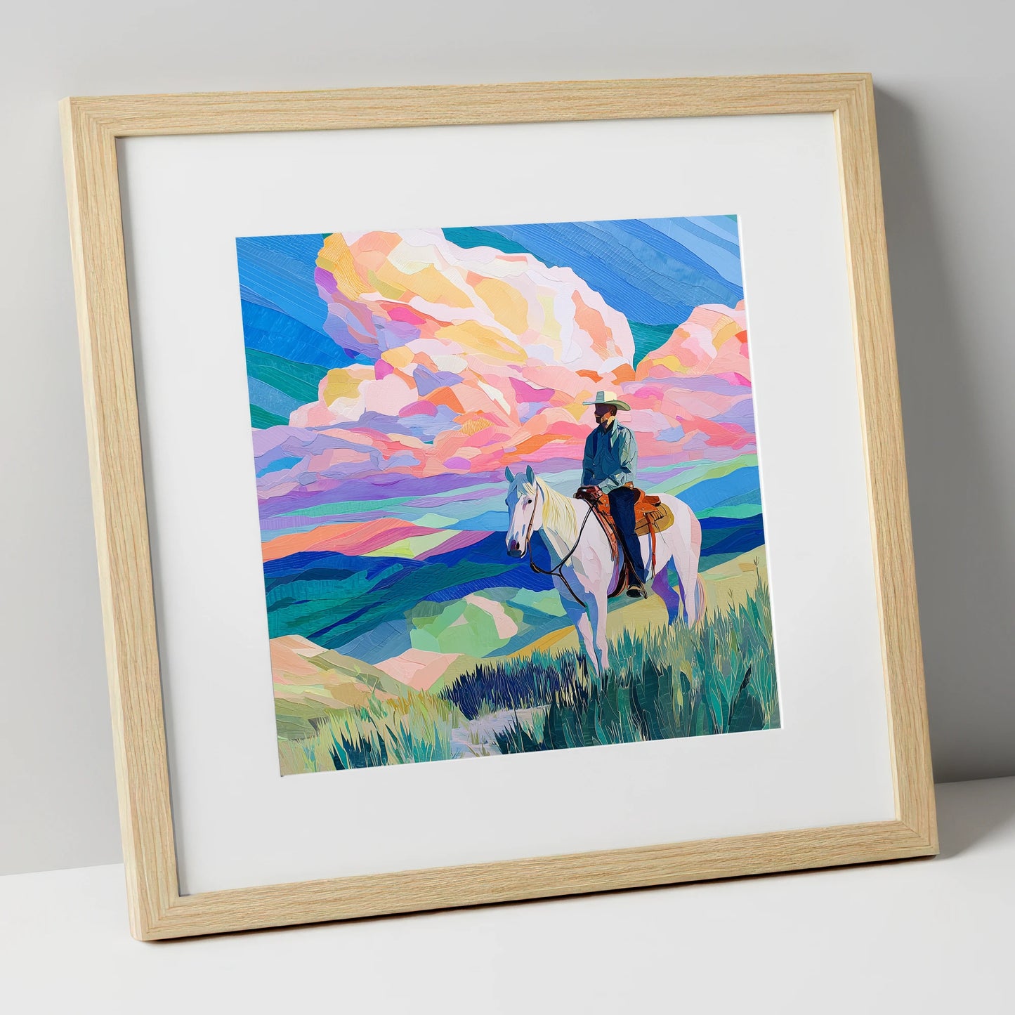 Painted Prairie Rider western horse art print in natural frame