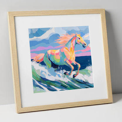 Technicolour Tide beach horse art print in natural frame