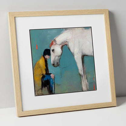 The Quiet Connection horse & rider art print in natural frame