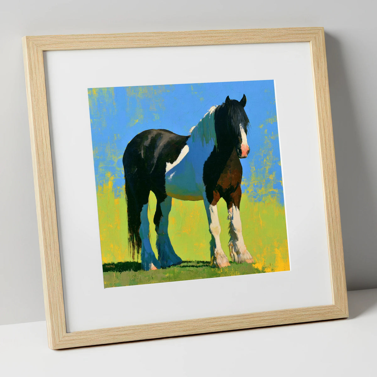 Piebald Cob in Summer Sun horse breed art print in natural frame