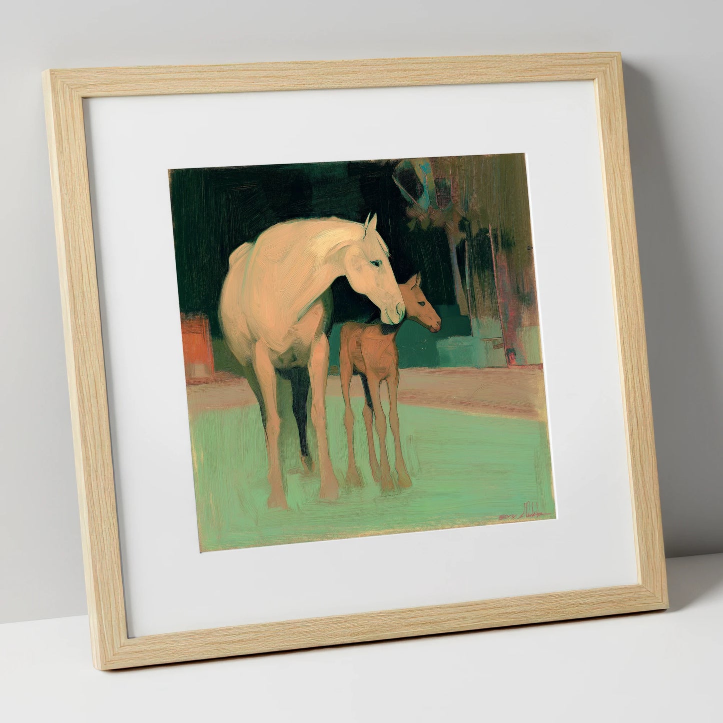 A Quiet Connection mare & foal art print in natural frame