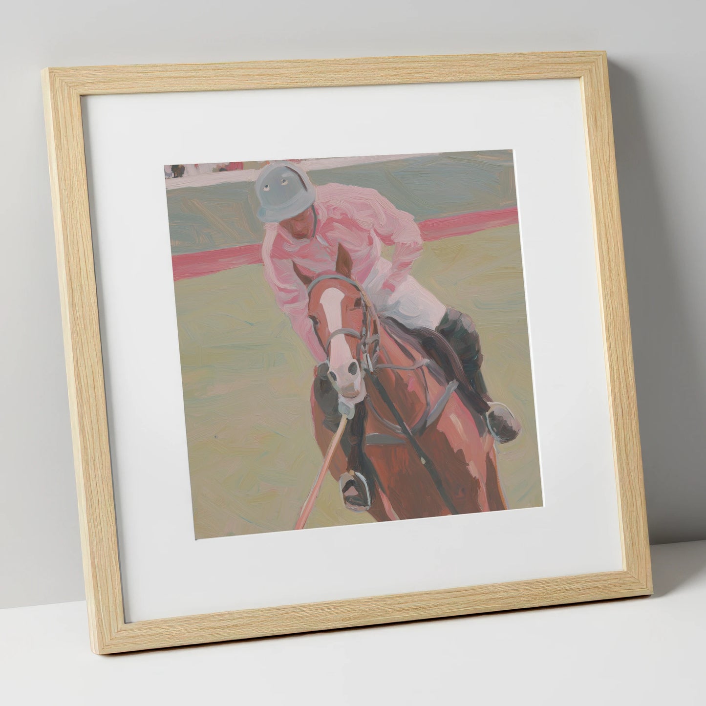 Dusty Pink Pursuit polo horse art print in natural frame